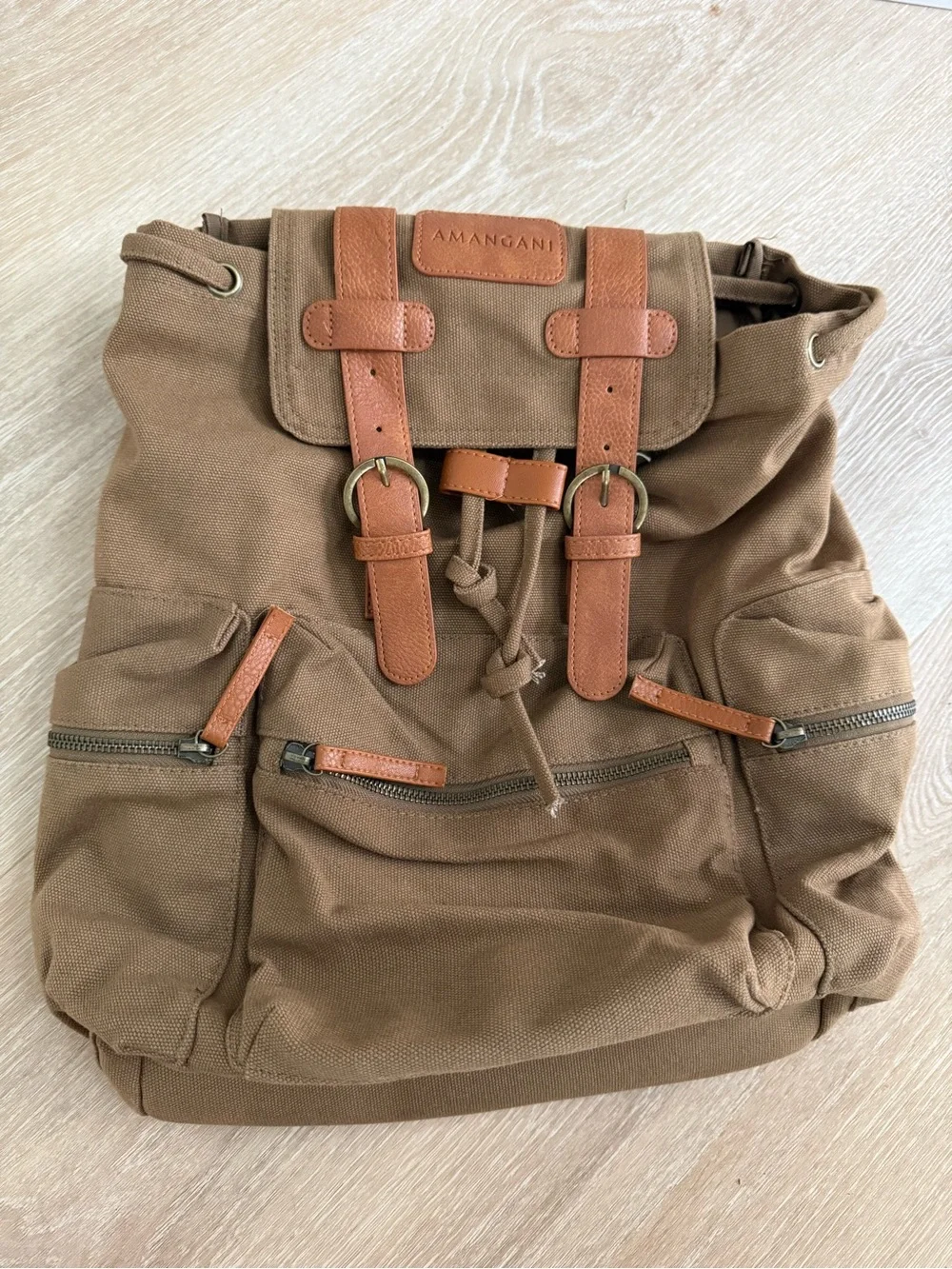 Amangani Rare Canvas and Vegan Leather Backpack Drawstring Closure Buckle Straps
